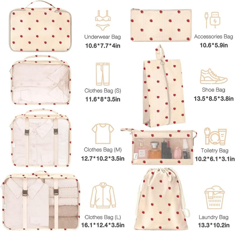 Hatisan 8 Set Packing Cubes for Suitcases,Suitcase Organizer with Shoe,Cosmetics,Clothing, and Accessories Bags for Travel Luggage Organizer Women Men(Beige Small Strawberry) - Image 2